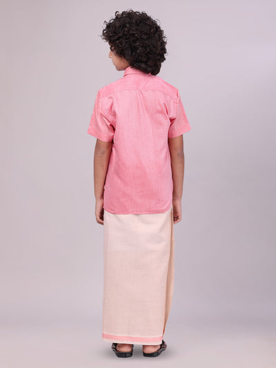 Father & Son Pink Colour Cotton Shirt with Matching Border Tissue Dhoti Combo