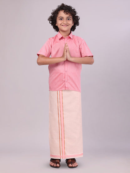 Father & Son Pink Colour Cotton Shirt with Matching Border Tissue Dhoti Combo