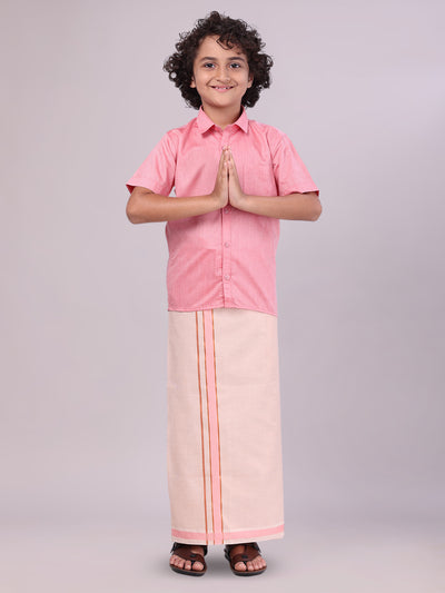 Father & Son Pink Colour Cotton Shirt with Matching Border Tissue Dhoti Combo
