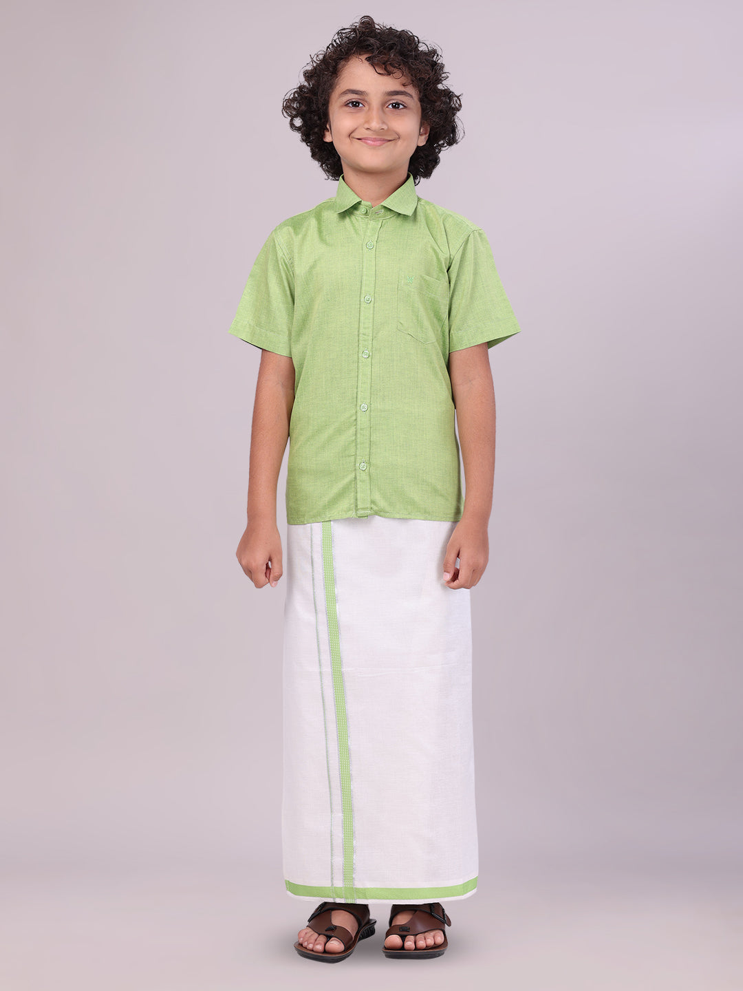 Kids Cotton Light Green Shirt with Tissue Matching Border Dhoti Combo Skillful Boy