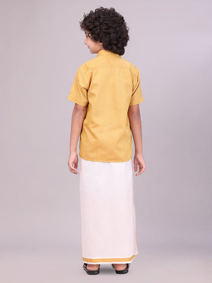 Kids Mustard Color Cotton Shirt with Matching Border Tissue Dhoti Combo back pose