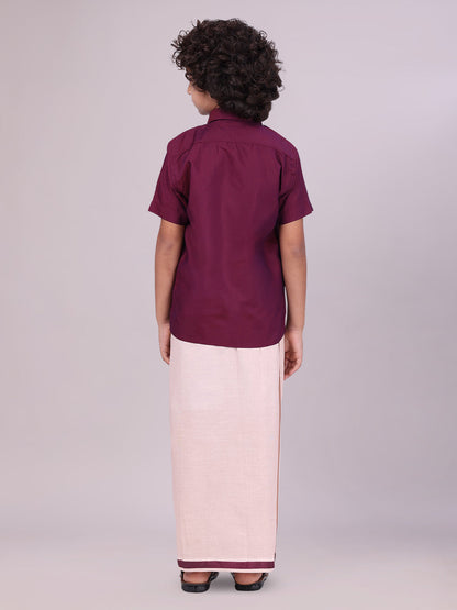 Kids Maroon Color Cotton Shirt & Matching Border Tissue Dhoti Combo back pose