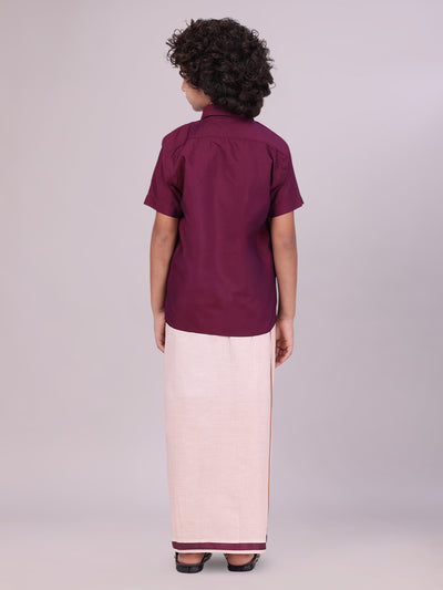 Kids Maroon Color Cotton Shirt & Matching Border Tissue Dhoti Combo back pose