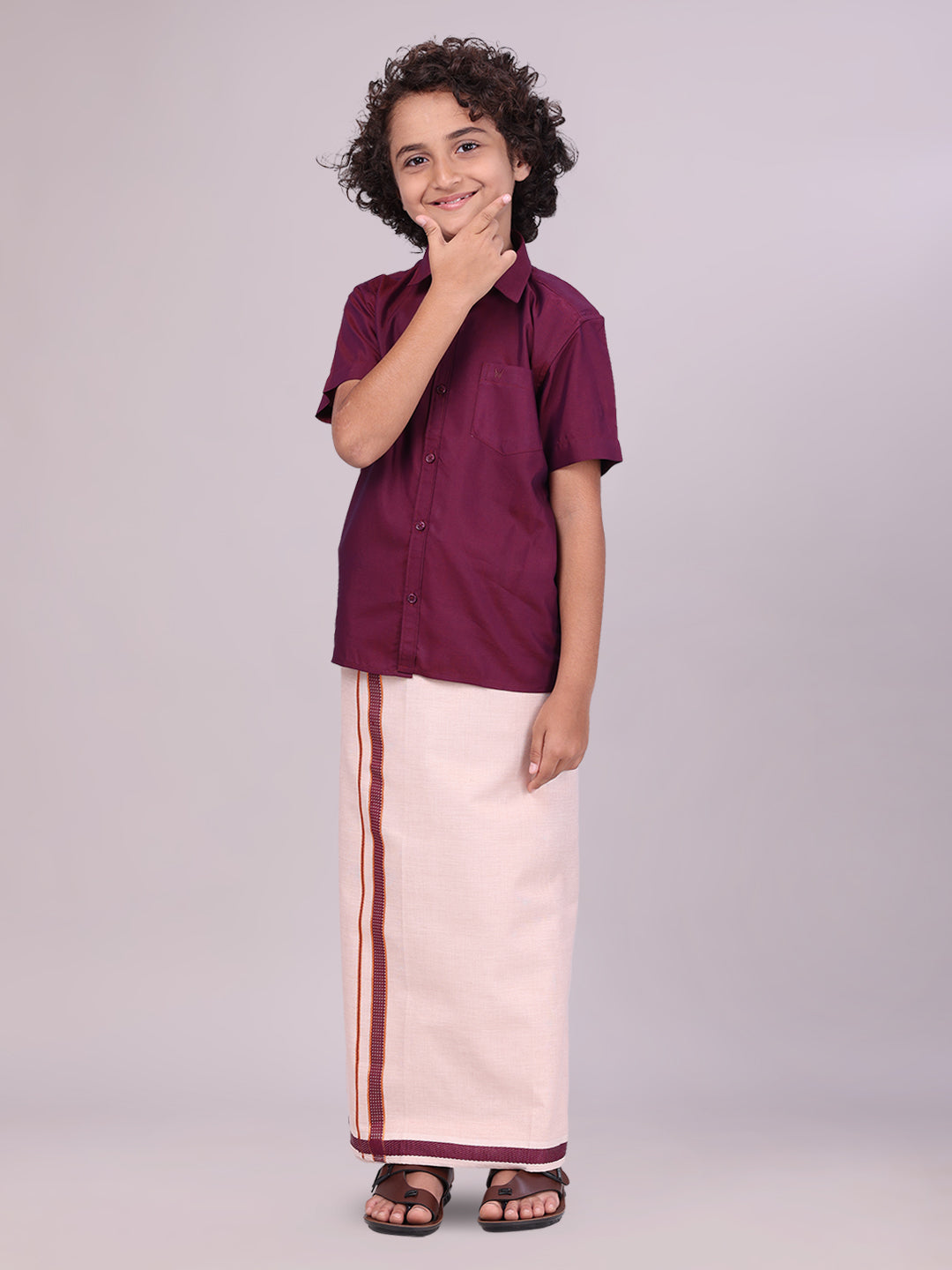 Kids Cotton Maroon Shirt with Tissue Matching Border Dhoti Combo front pose