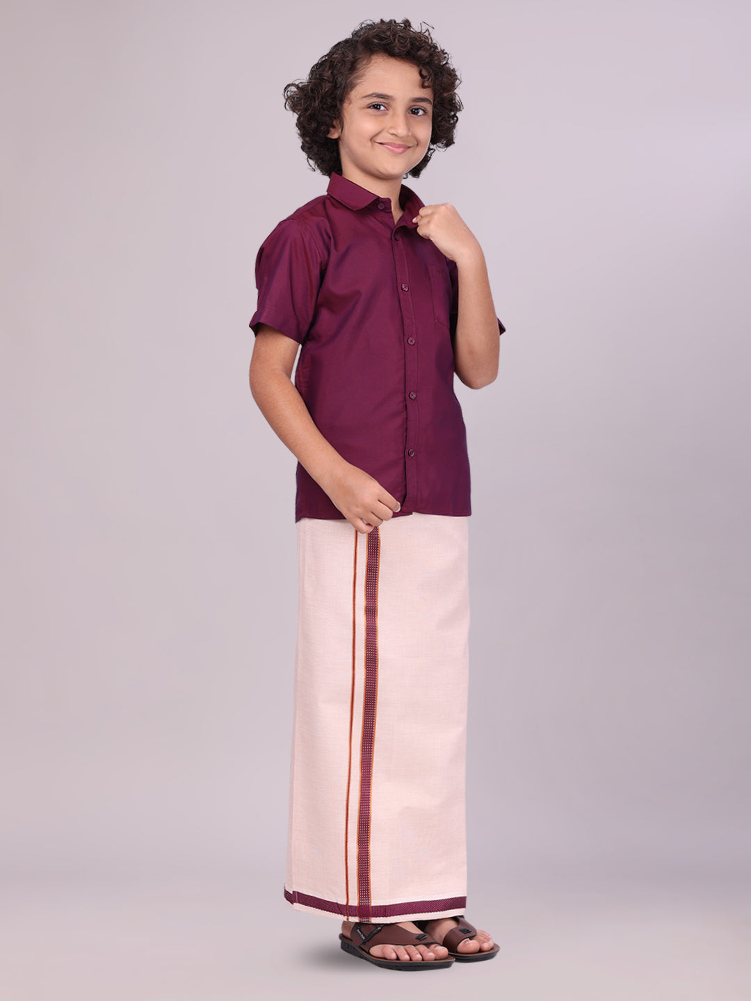 Kids Cotton Maroon Shirt with Tissue Matching Border Dhoti Combo side pose