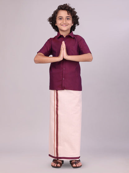 Kids Maroon Color Cotton Shirt & Matching Border Tissue Dhoti Combo front pose