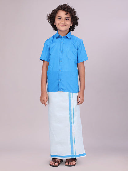 Kids Blue Color Cotton Shirt with Matching Border Tissue Dhoti Combo