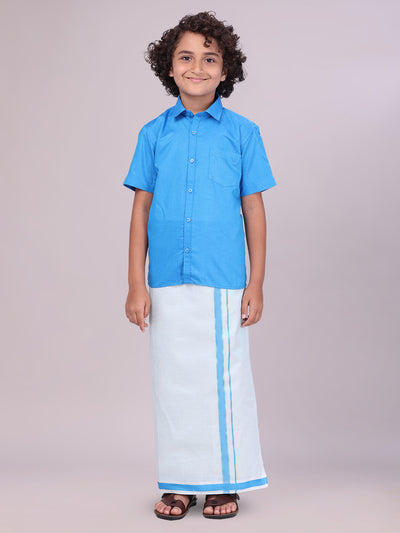 Kids Blue Color Cotton Shirt with Matching Border Tissue Dhoti Combo