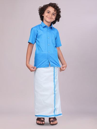 Kids Cotton Blue Shirt with Tissue Matching Border Dhoti Combo Skillful Boy