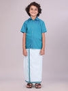 Kids Cotton Green Shirt with Tissue Matching Border Dhoti Combo Skillful Boy