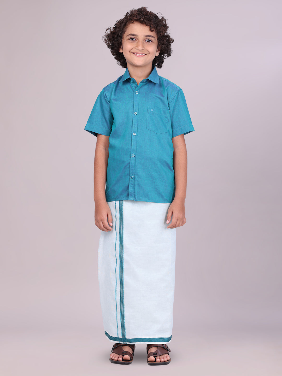 Kids Cotton Green Shirt with Tissue Matching Border Dhoti Combo Skillful Boy