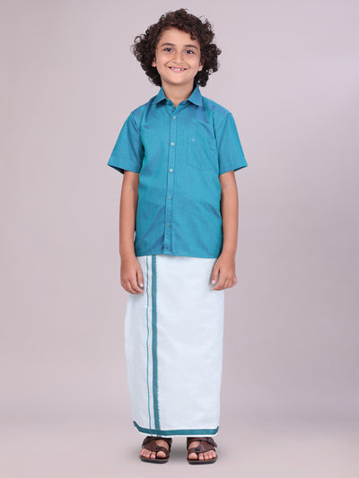 Kids Green Color Cotton Shirt with Matching Border Tissue Dhoti Combo 