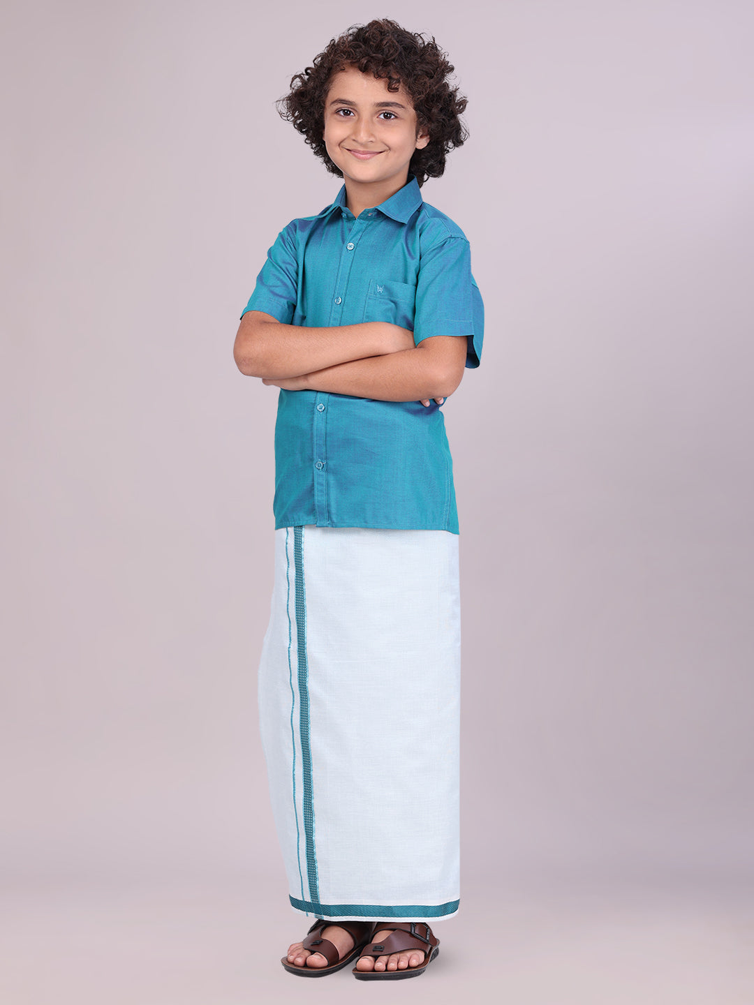 Green Colour Cotton Shirt with Matching Border Tissue Dhoti Combo for kids/ boys - side pose