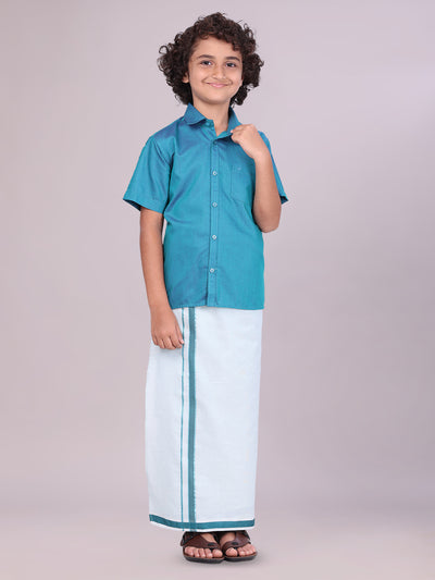 Kids Cotton Green Shirt with Tissue Matching Border Dhoti Combo Skillful Boy