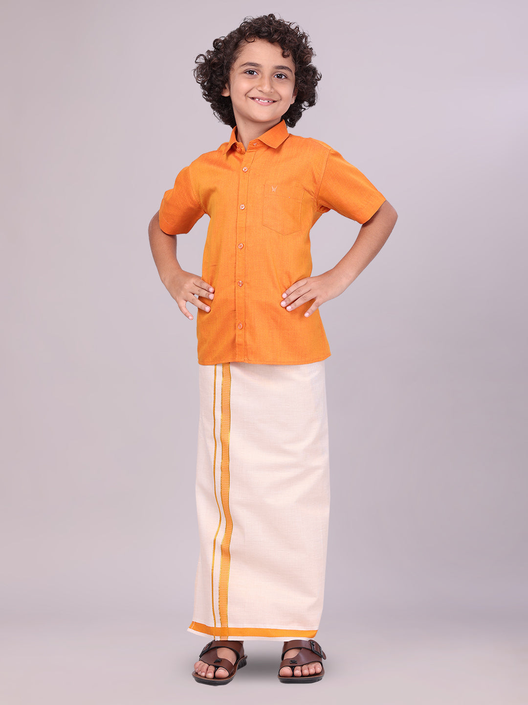 Kids Cotton Orange Shirt with Tissue Matching Border Dhoti Combo front pose