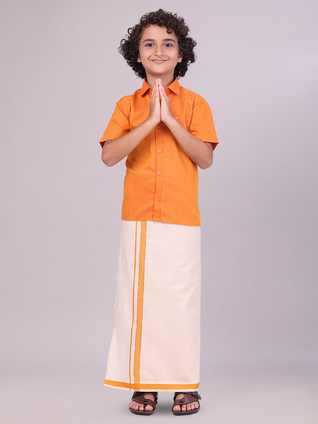 Kids Cotton Orange Shirt with Tissue Matching Border Dhoti Combo 