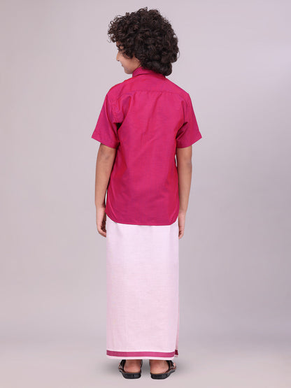 Kids Magenta Color Cotton Shirt with Matching Border Tissue Dhoti Combo back pose