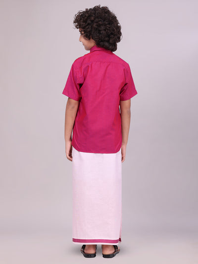 Kids Magenta Color Cotton Shirt with Matching Border Tissue Dhoti Combo back pose