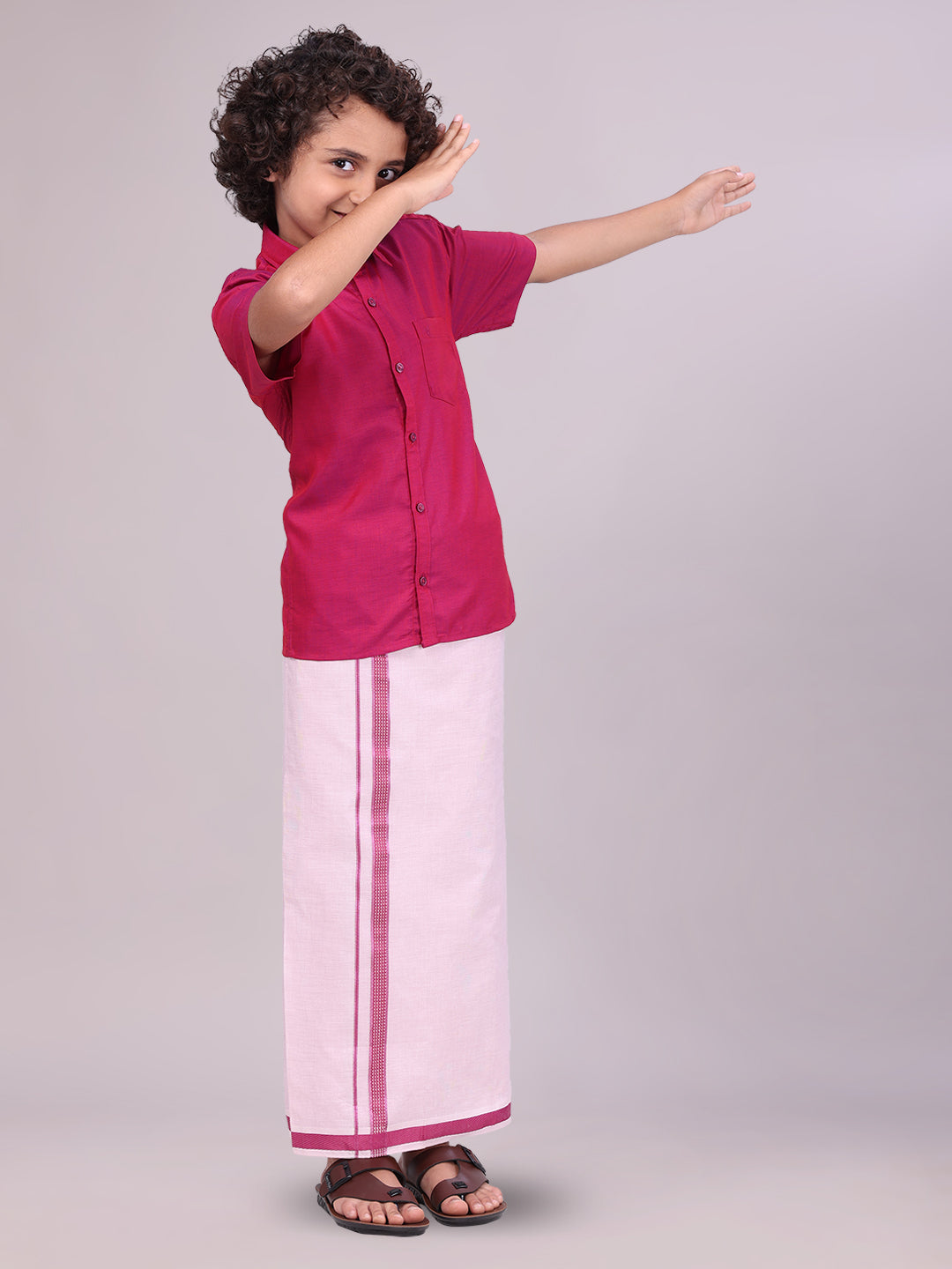 Kids Cotton Magenta Shirt with Tissue Matching Border Dhoti Combo side pose