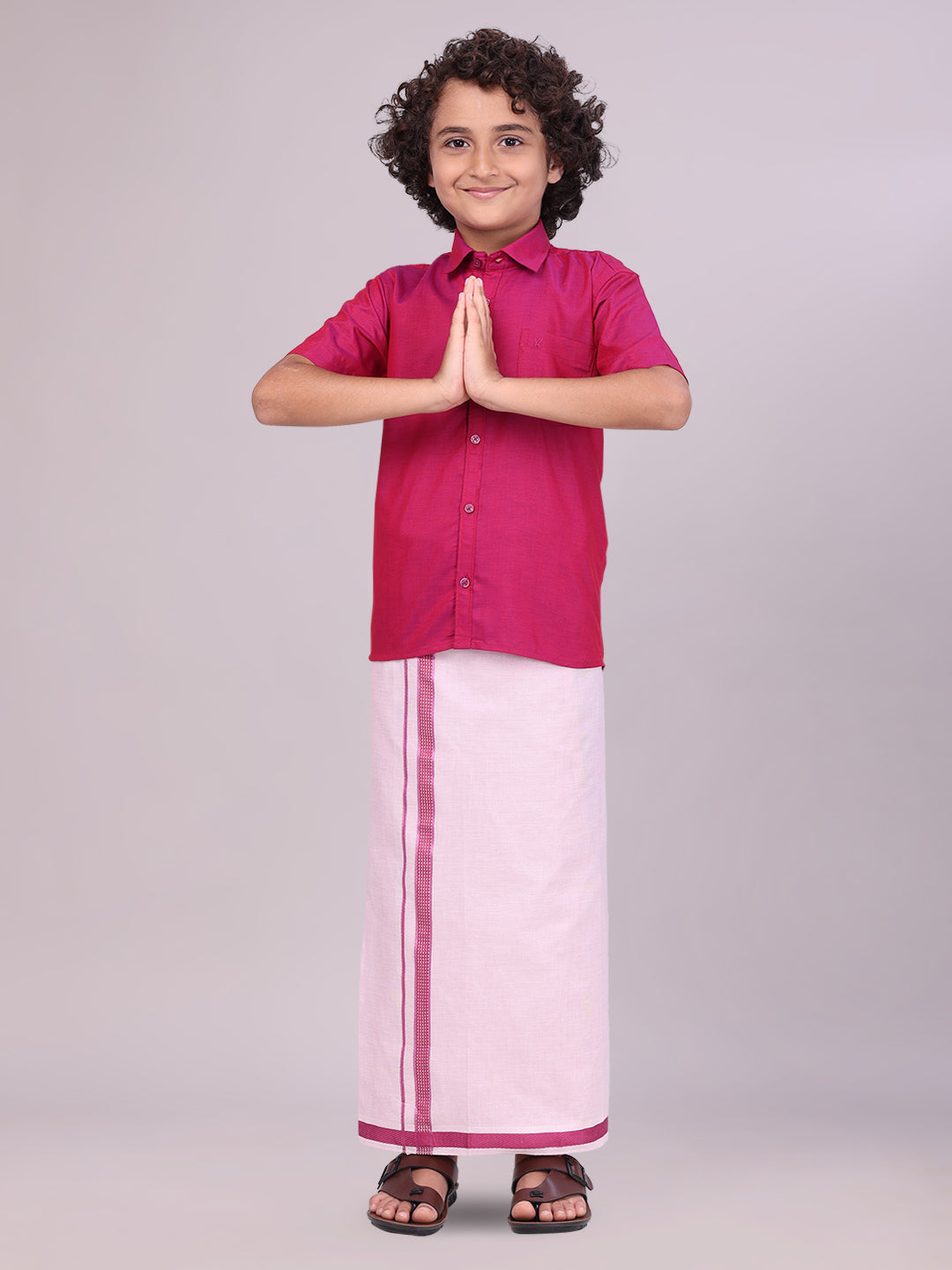 Kids Cotton Magenta Shirt with Tissue Matching Border Dhoti Combo front pose