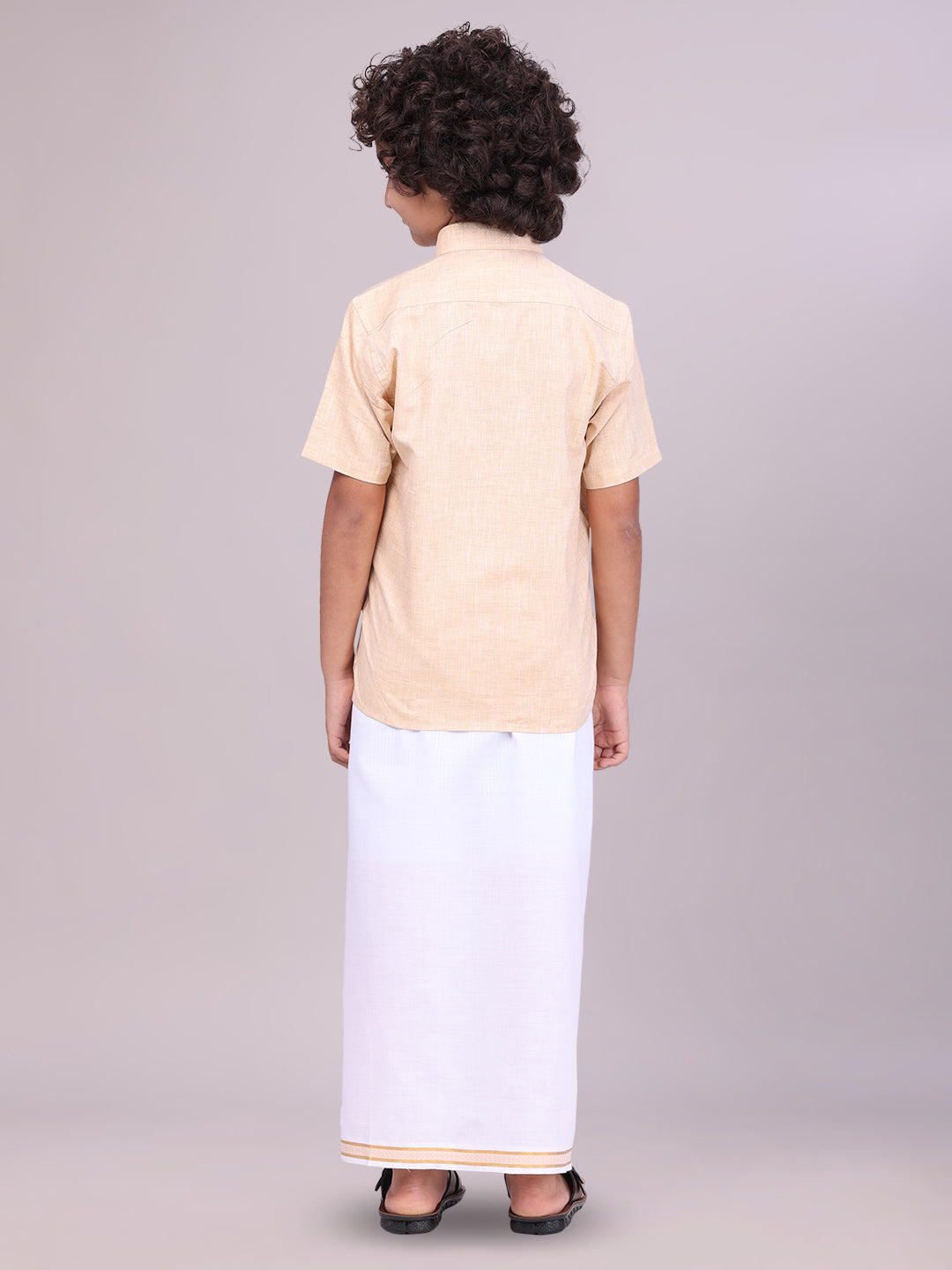 Sandal Colour Cotton Shirt with Matching Border Dhoti Combo for boys back pose