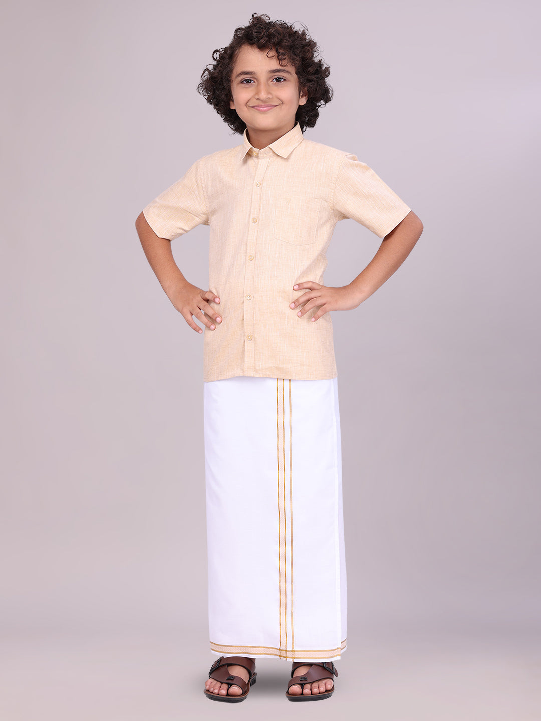 Sandal Colour Cotton Shirt with Matching Border Dhoti Combo for boys side pose