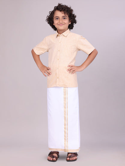 Kids Sandal Color Cotton Shirt with Matching Border Dhoti Combo