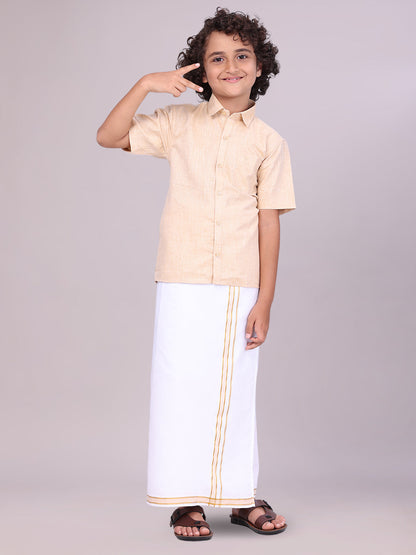 Kids Sandal Color Cotton Shirt with Matching Border Dhoti Combo side pose