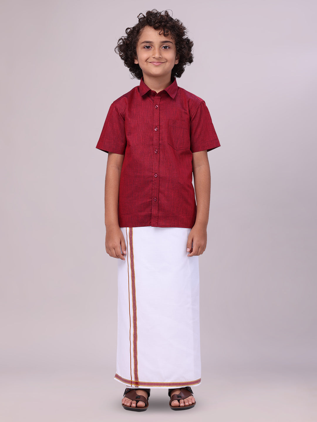 Boys Matching Half Sleeves Shirt with Flexi Dhoti Combo Maroon Polite Boy