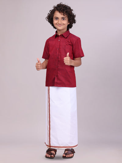 Boys Matching Half Sleeves Shirt with Flexi Dhoti Combo Maroon Polite Boy