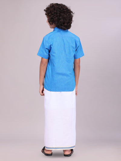 kids Blue Color Cotton Shirt with Matching Border Dhoti Combo back pose