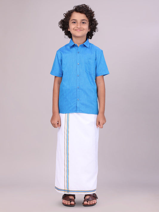 Boys Matching Blue Half Sleeve Shirt with Flexi Dhoti Combo 