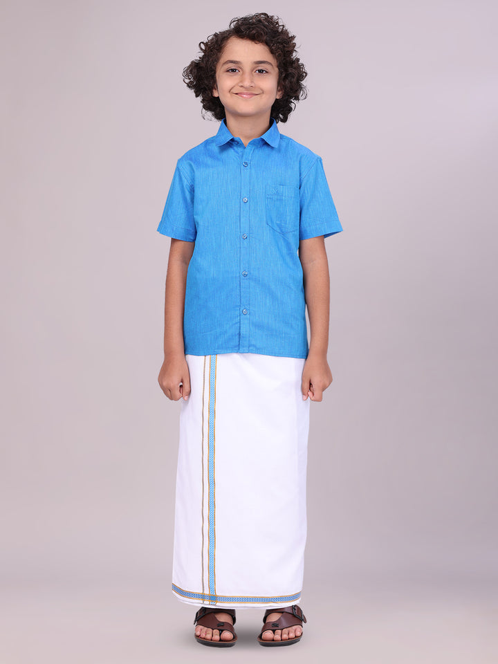 Boys Matching Blue Half Sleeve Shirt with Flexi Dhoti Combo 