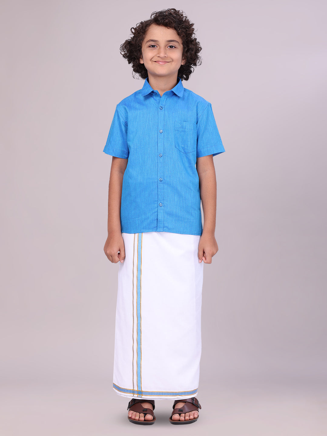 Boys Matching Blue Half Sleeve Shirt with Flexi Dhoti Combo 