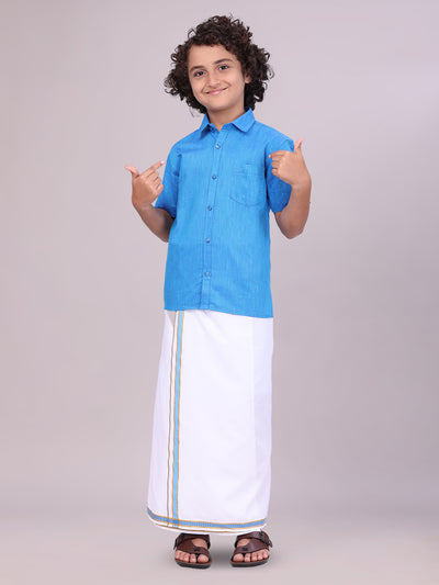 Boys Matching Blue Half Sleeve Shirt with Flexi Dhoti Combo front pose