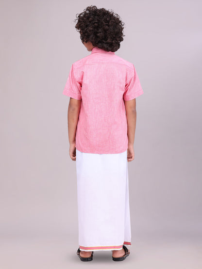 Kids Pink Color Cotton Shirt with Matching Border Dhoti Combo back pose