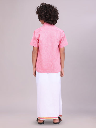 Kids Pink Color Cotton Shirt with Matching Border Dhoti Combo back pose