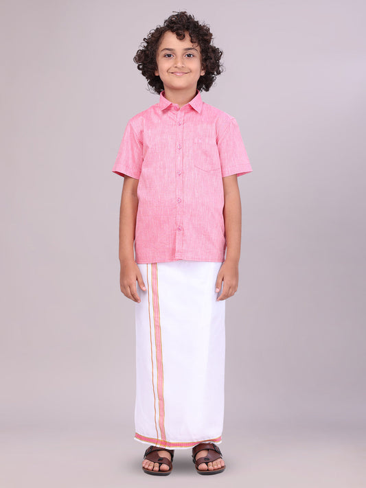 Boys Matching Pink Half Sleeves Shirt with Flexi Dhoti Combo 