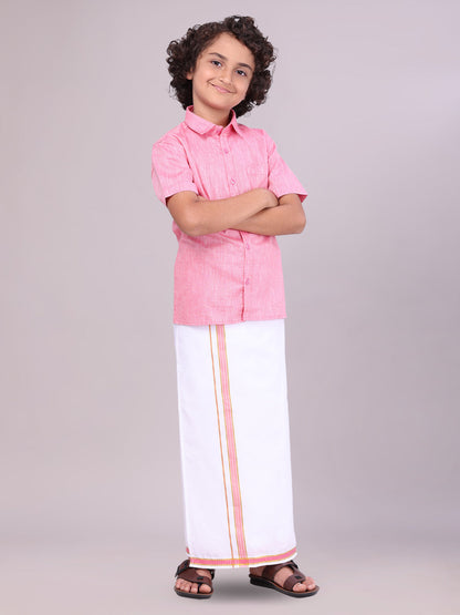 Kids Pink Color Cotton Shirt with Matching Border Dhoti Combo side pose