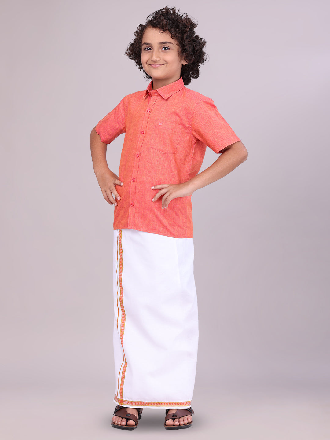 Dark Pink Colour Cotton Shirt with Matching Border Dhoti Combo for boys side pose