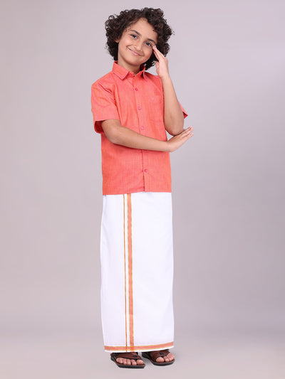 Father & Son Brick Color Cotton Shirt with Matching Border Dhoti Combo