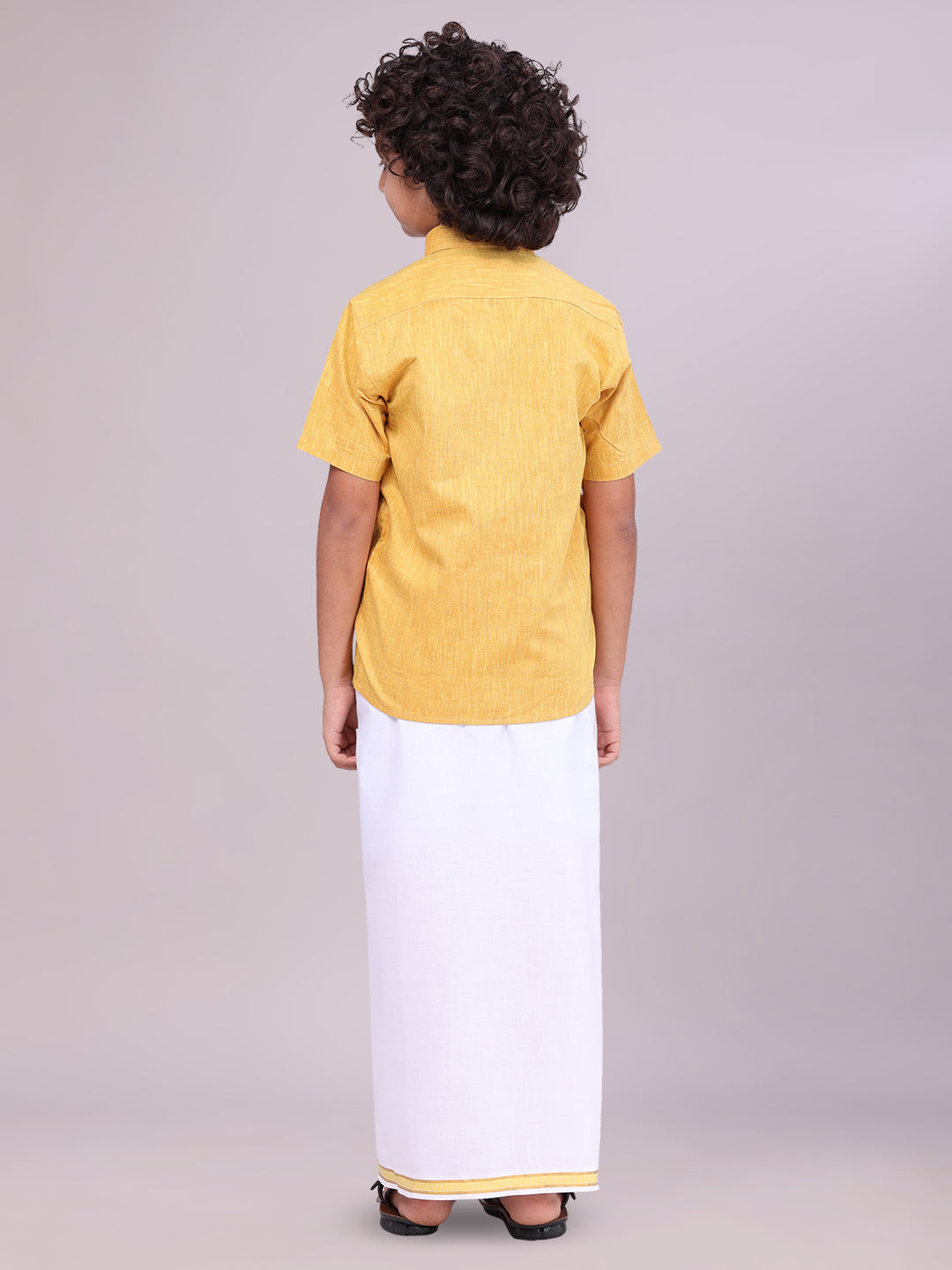 Kids Yellow Color Cotton Shirt with Matching Border Dhoti Combo back pose