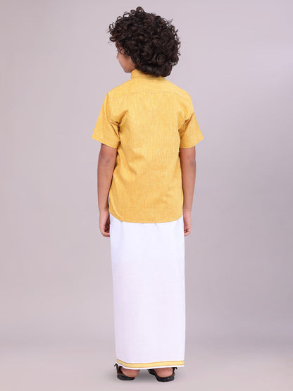 Kids Yellow Color Cotton Shirt with Matching Border Dhoti Combo back pose