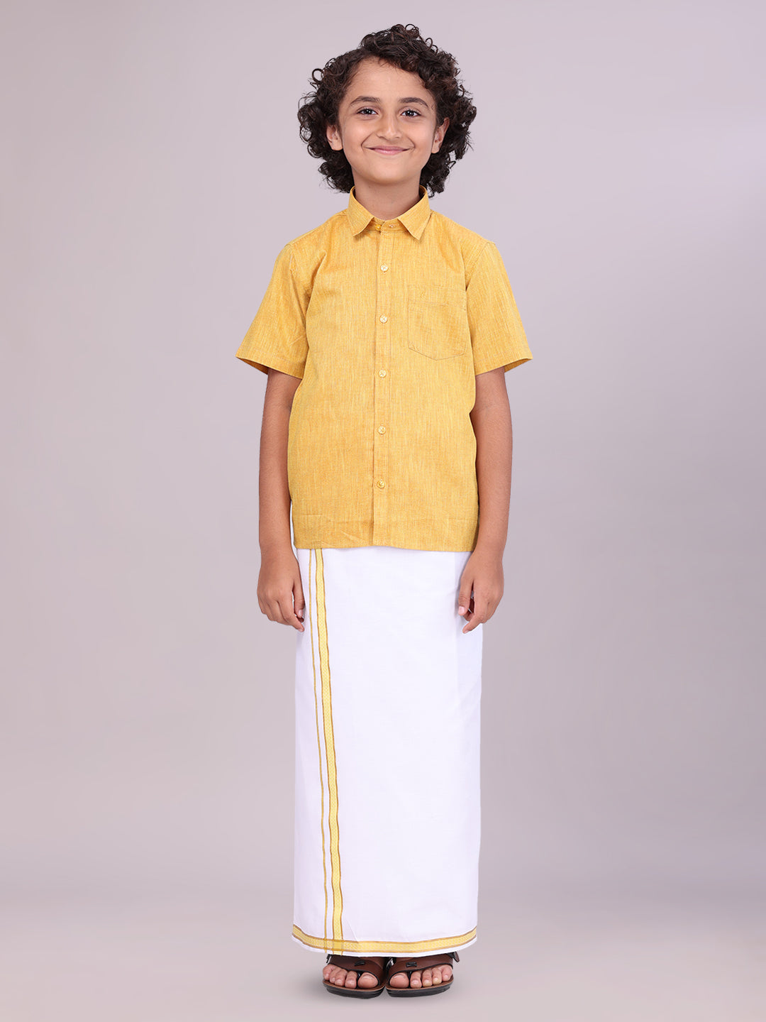 Boys Matching Half Sleeves Shirt with Flexi Dhoti Combo Yellow Polite Boy