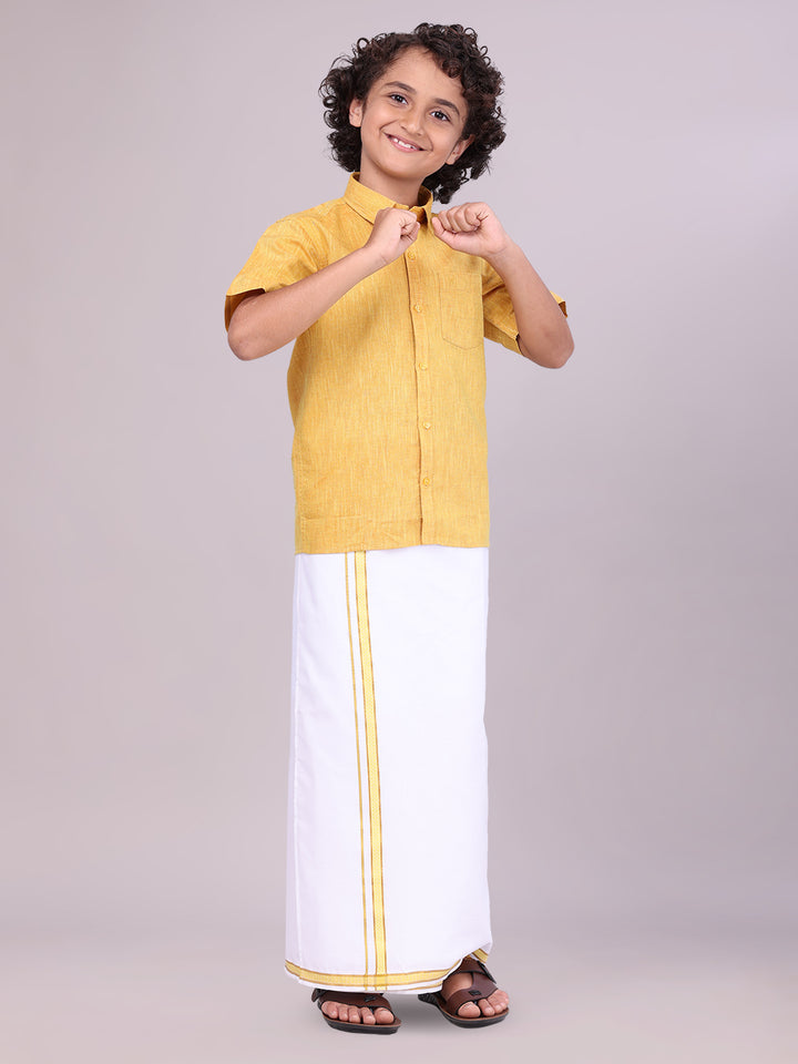 Boys Matching Yellow Half Sleeves Shirt with Flexi Dhoti Combo front pose