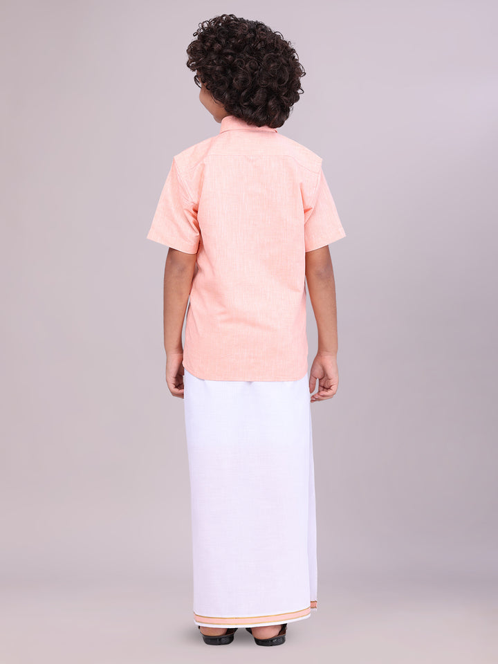 Boys Matching Peach Half Sleeves Shirt with Flexi Dhoti Combo back pose