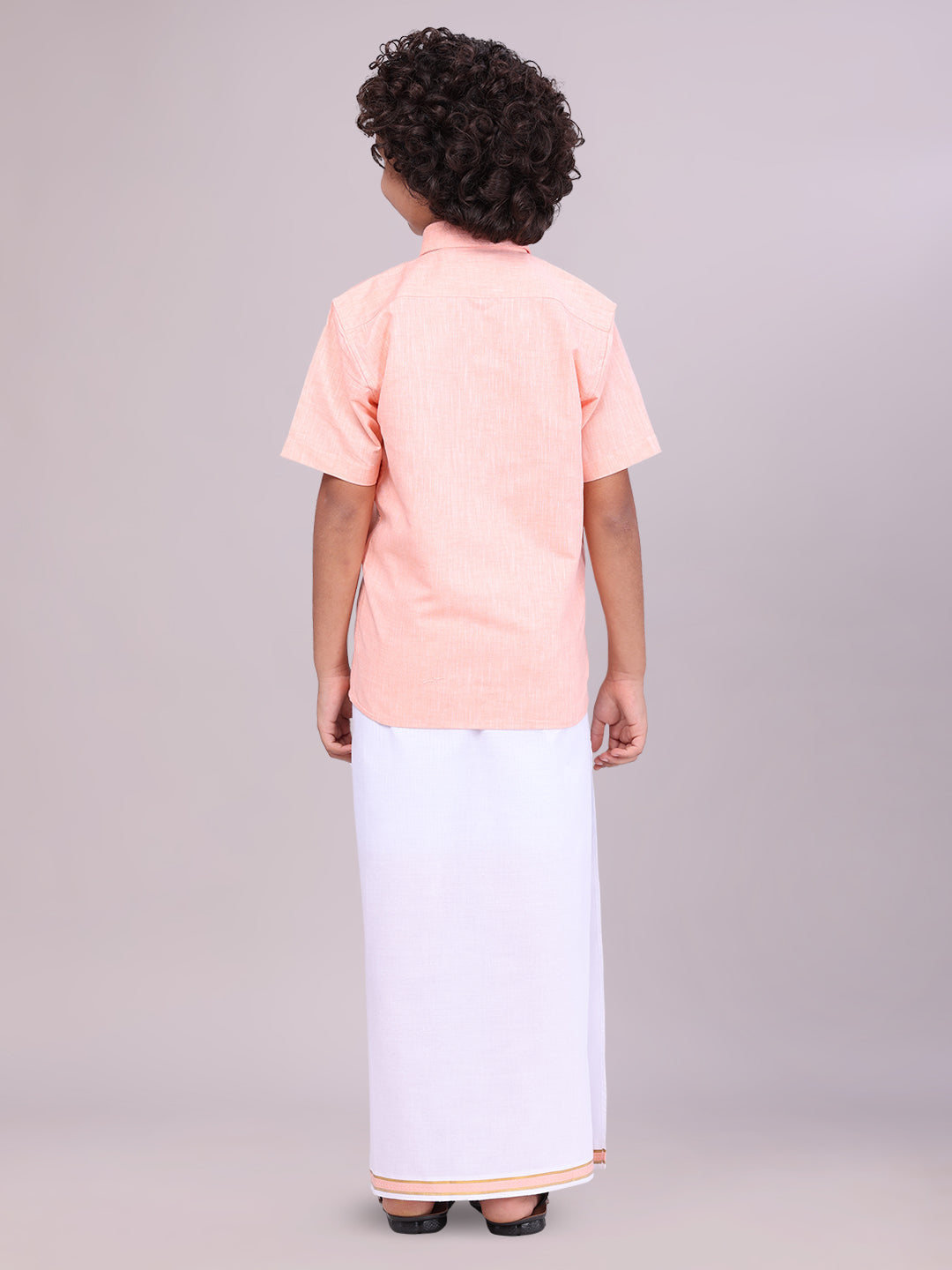 Peach Colour Cotton Shirt with Matching Border Dhoti Combo for boys back pose