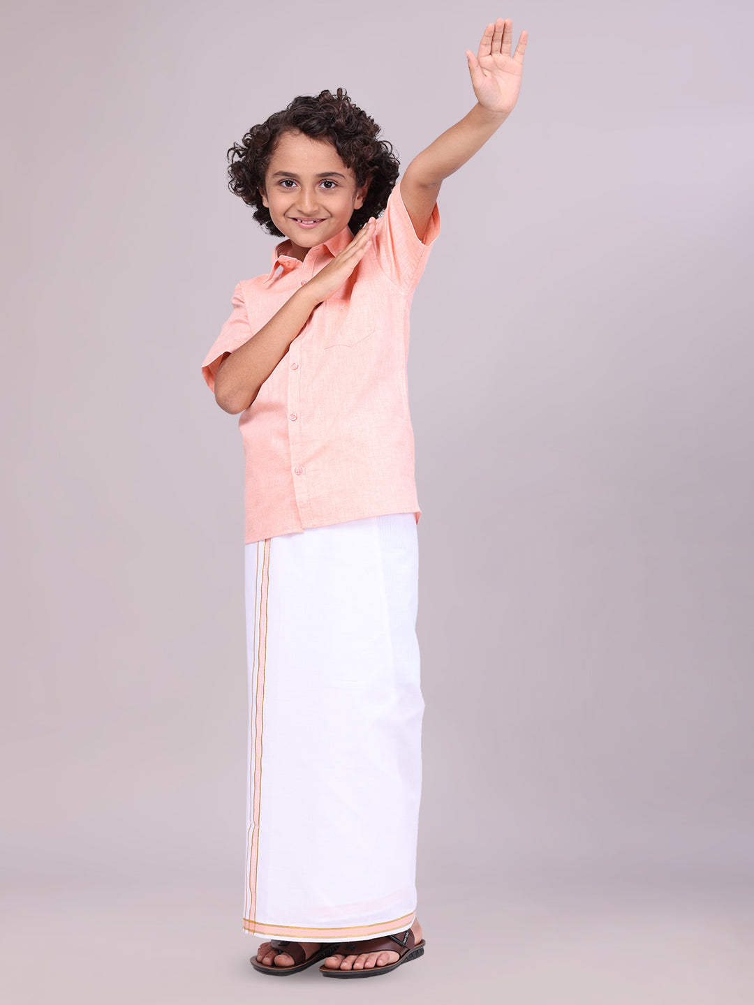 Peach Colour Cotton Shirt with Matching Border Dhoti Combo for boys side pose