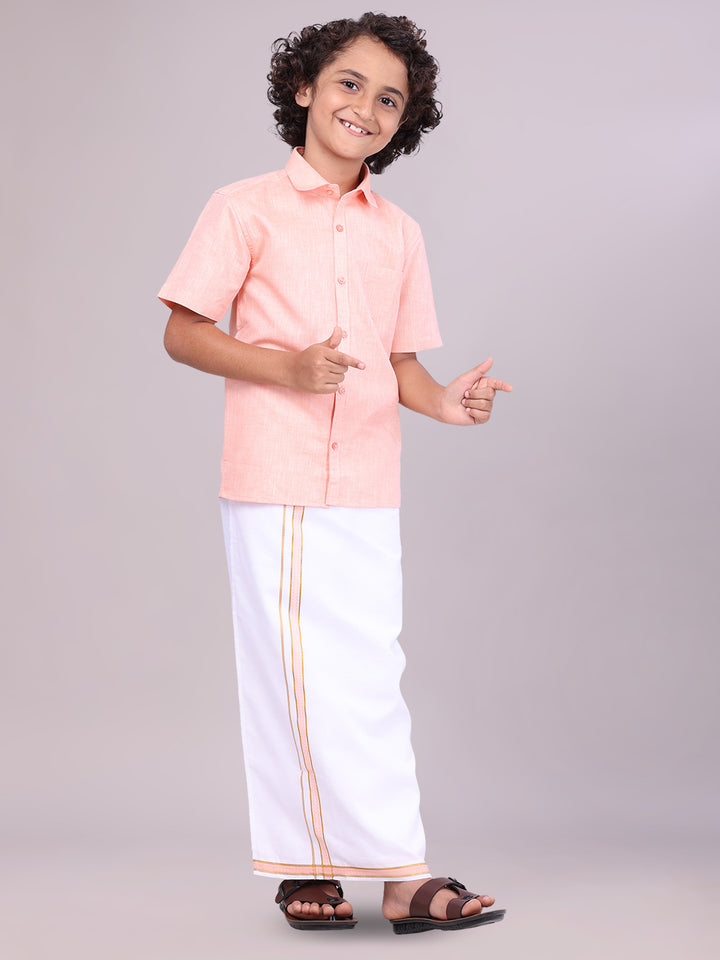 Boys Matching Peach Half Sleeves Shirt with Flexi Dhoti Combo side pose
