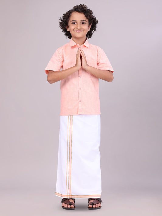 Boys Matching Peach Half Sleeves Shirt with Flexi Dhoti Combo